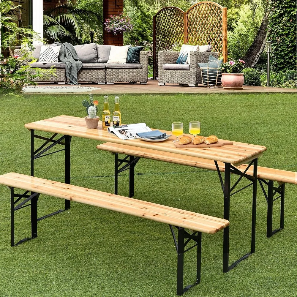 

Renatone 70in 3pcs Folding Picnic Table Set, Wooden Top Beer Table for Patio Outdoor Garden Use, No Assemble Required