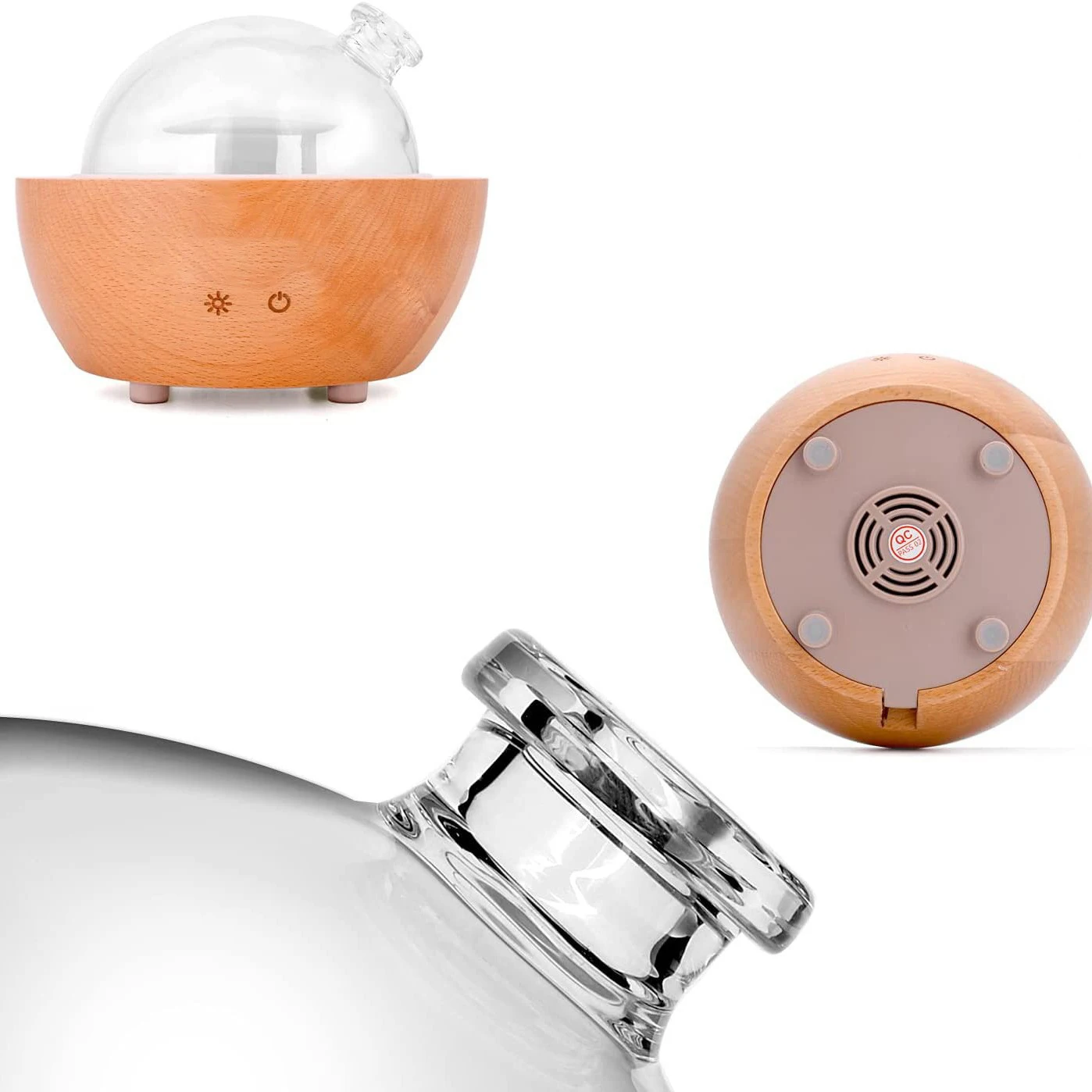 موزع روائح الزيوت العطرية الزجاجية مع قاعدة خشبية حقيقية، موزع روائح عطرية بالموجات فوق الصوتية سعة 200 مل، مرطب على شكل قبة زجاجية، ضوء LED متاح
