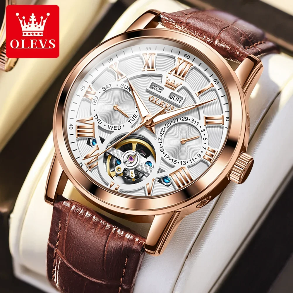 OLEVS relojes mecánicos automáticos para Hombre correa de cuero resistente al agua luminoso doble calendario Dial relojes de pulsera para Hombre