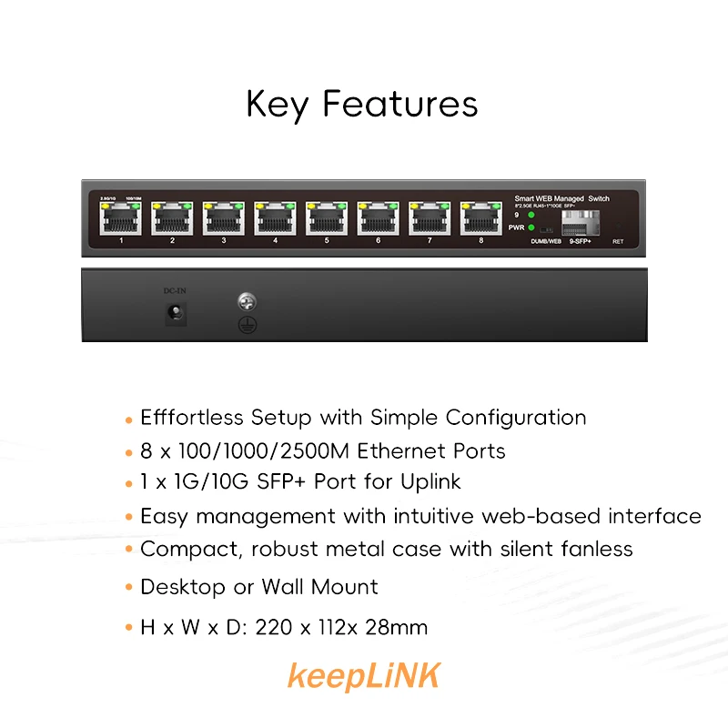 KeepLiNK 9-Port Multi-Gigabit Managed Switch with 8-2.5Gbps and 1-10Gb SFP+ Uplink