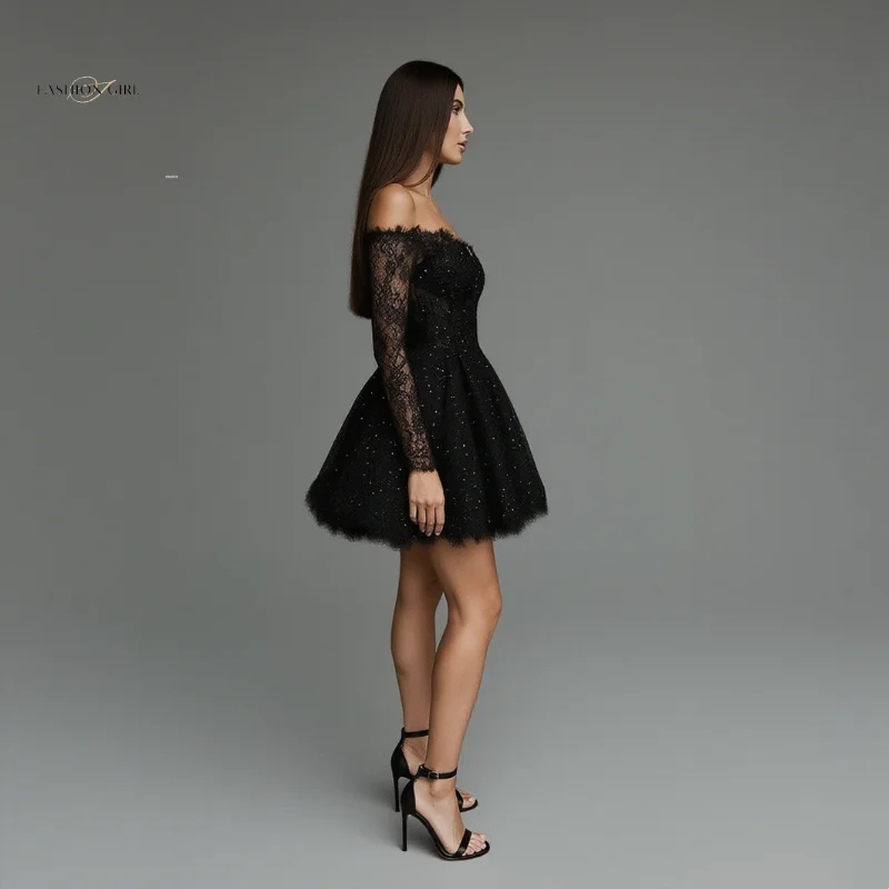 Vestido corto de encaje negro elegante para mujer, vestido de cóctel de manga larga, vestido de fiesta de día y noche, escote en forma de corazón personalizado