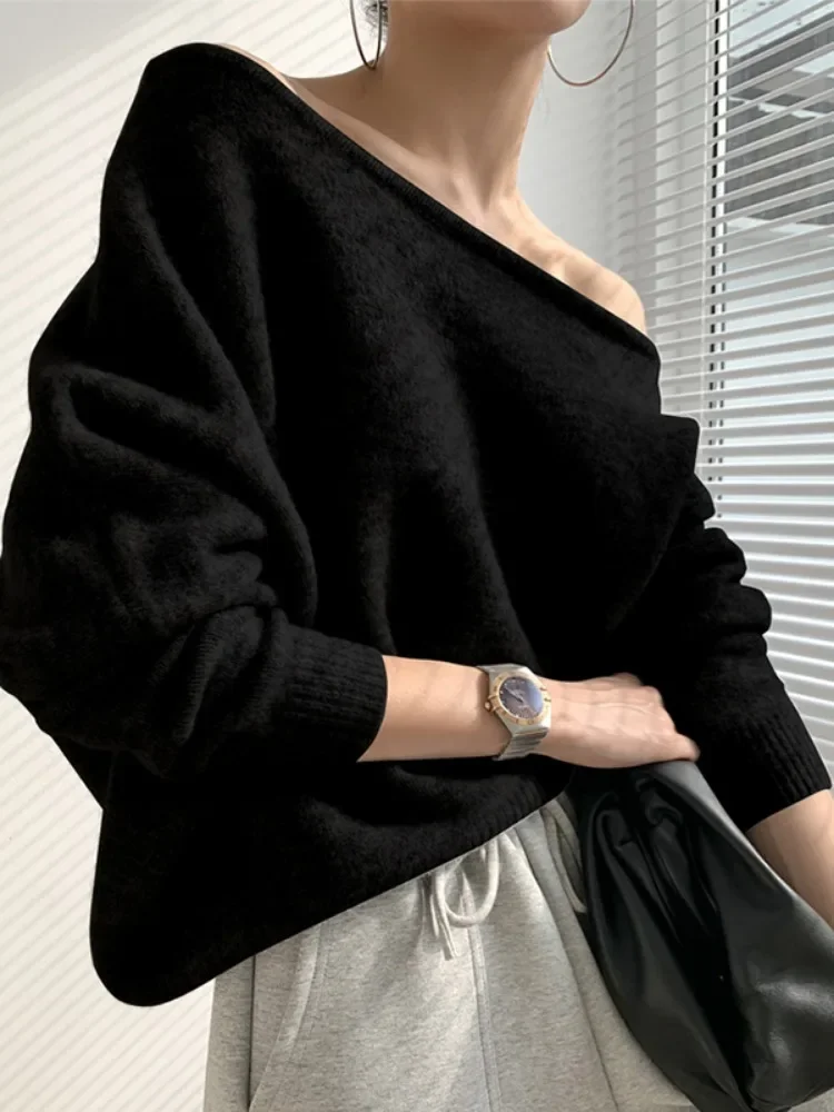 Korean Woman Sweaters Off Shoulder Split Knitted Y2K Tops Elegant Women Solid Pullovers Fashion Pull Femme Jumper Fall Clothing