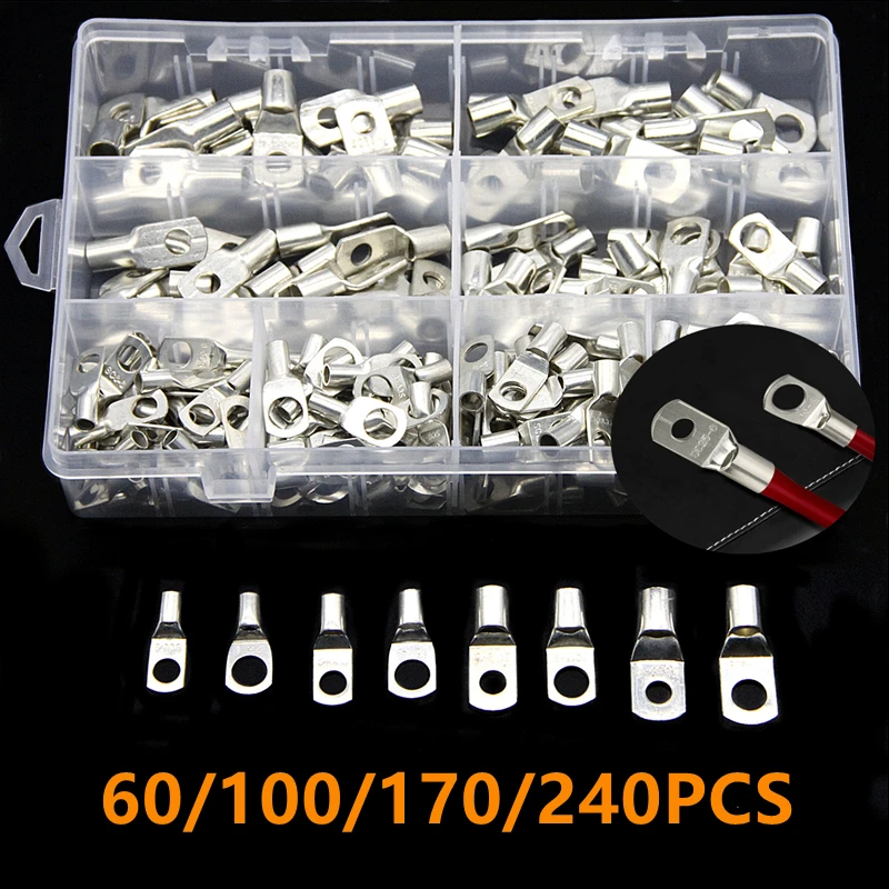 240/170/100/60Pcs SC Type Wire Nose Terminal SC6 SC10 SC16 SC25 Bare Copper Battery Block Lugs Crimped Soldered Wire Connector