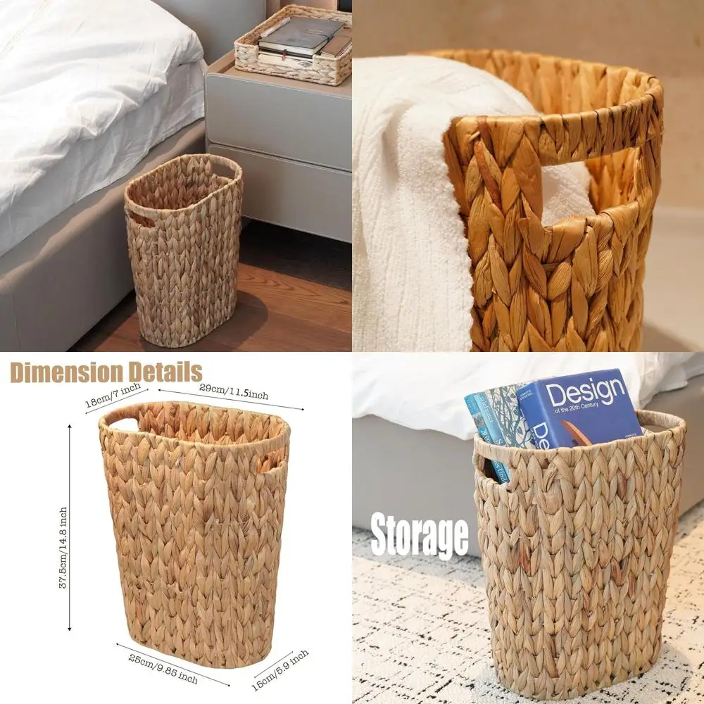 

Handwoven Wicker Trash Bin with Handles, 100% Natural Water Hyacinth, 5 Gallon Capacity for Home & Office Use