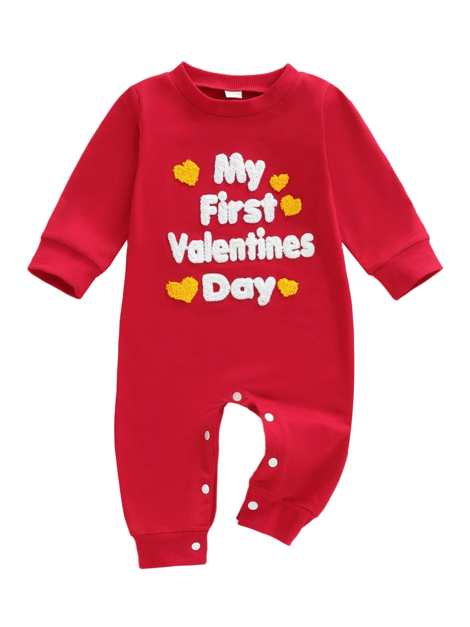 عيد الحب الأول للرضع مع تطريز على شكل قلب وأكمام طويلة ورقبة دائرية وتصميم كامل الطول