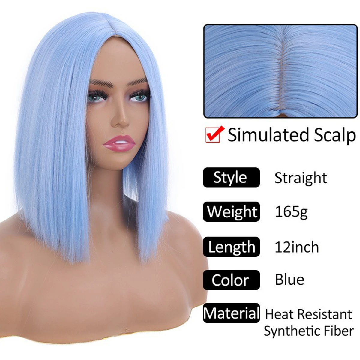 Perruque synthétique bleu clair pour femmes, perruque Bob courte et lisse avec frange avec raie centrale, perruques d'aspect naturel pour femmes, 2025