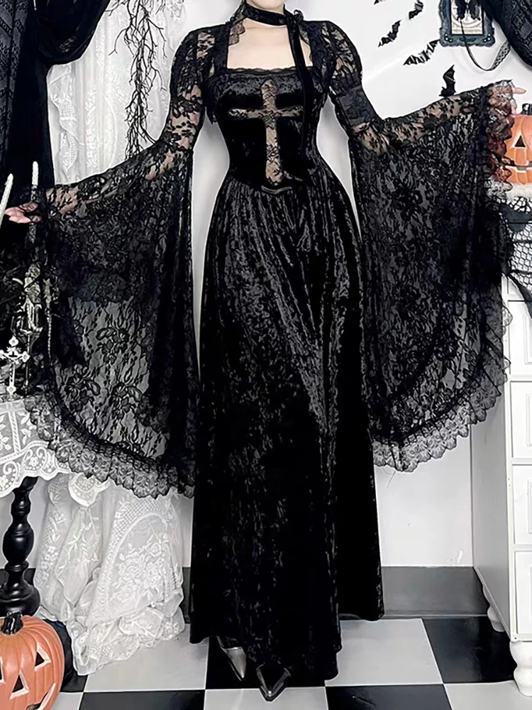 RORORIRI Sheer Cross Lace Splice Samt Tank Kleid Frauen Schal Neck Backless Sexy Plissee Drapierte Lange Kleid Dark Vintage Kleidung