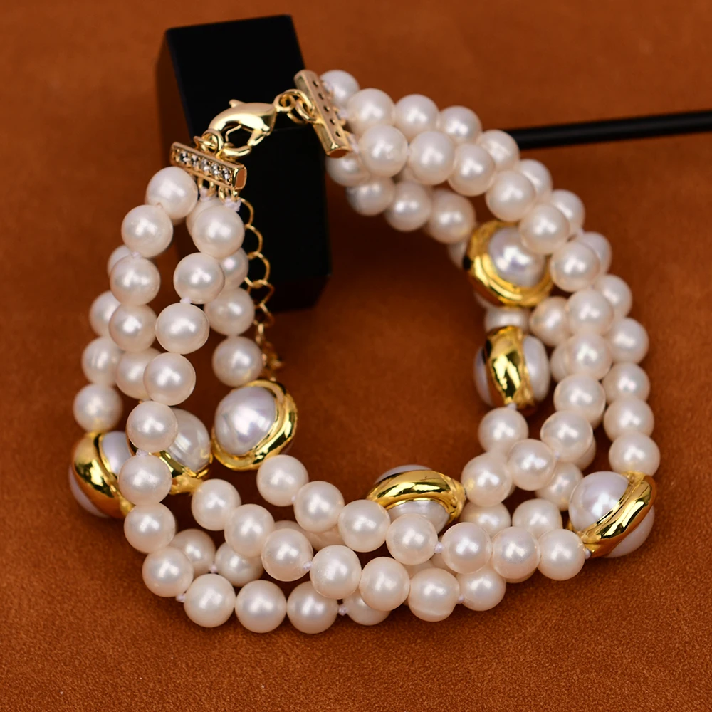 G-G 8'' 4 Strands Cultured White Round Pearl Yellow Gold Edge Plated White Pearl Bracelet Lady Party Jewelry Gifts