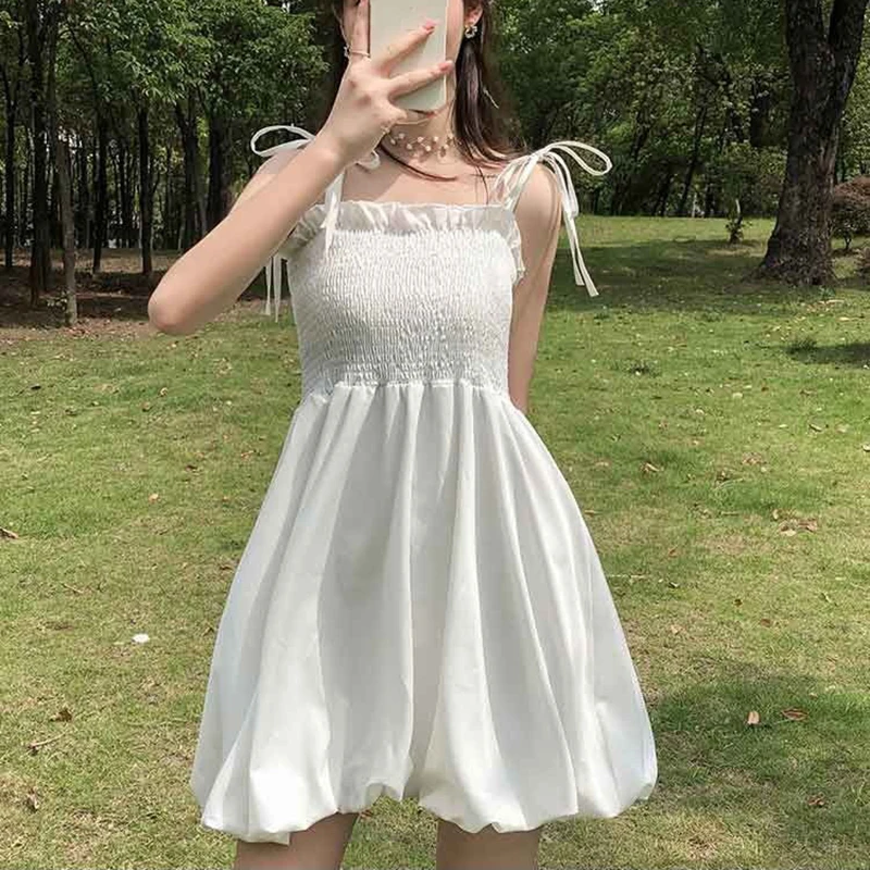 Rimocy Summer White Spaghetti Strap Dress Women Korean Style A Line Fluffy Mini Dresses Woman Sleeveless Loose Sundress Female