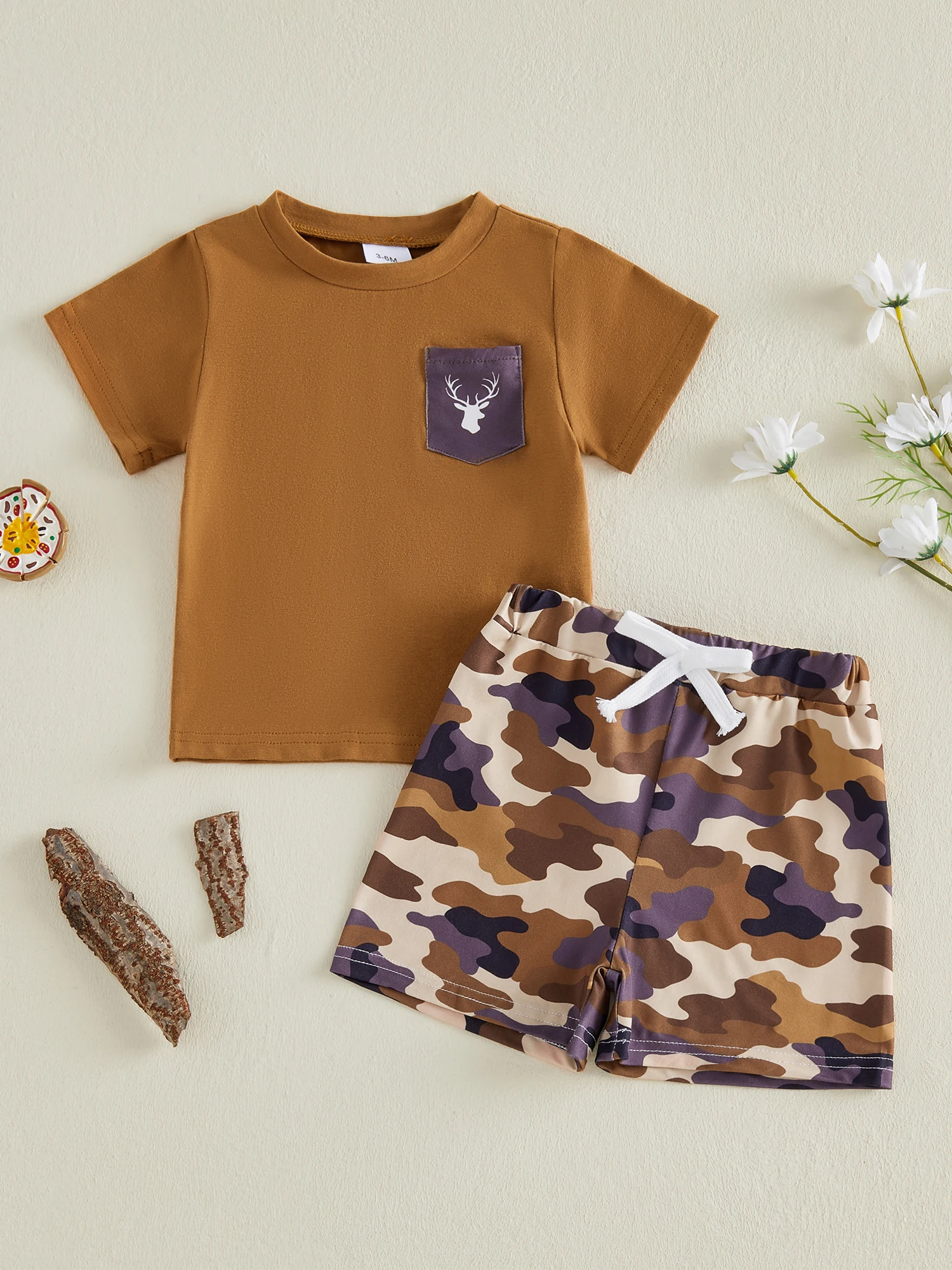 

2Pcs Baby Boy Summer Clothes Short Sleeve Round Neck Deer Head Print T-Shirts and Elastic Waist Shorts Set for Toddler