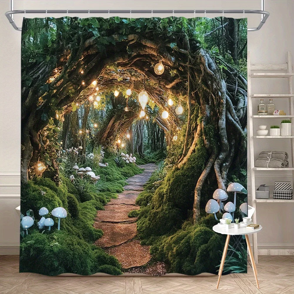 

1 шт., занавеска для душа «Зачарованная лесная дорожка» — витая арка дерева, светящиеся гирлянды, грибные растения, Serene Twilight Forest