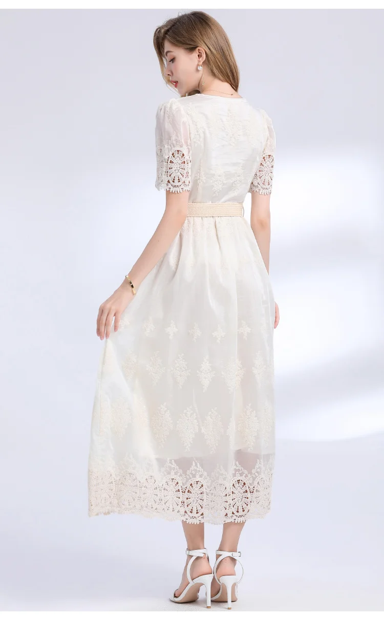 高品質ソリッドメッシュ刺繍スリムミディ丈ワンピース レディース ヴィンテージラペル半袖ラグジュアリービーズロングドレス ベルト付き