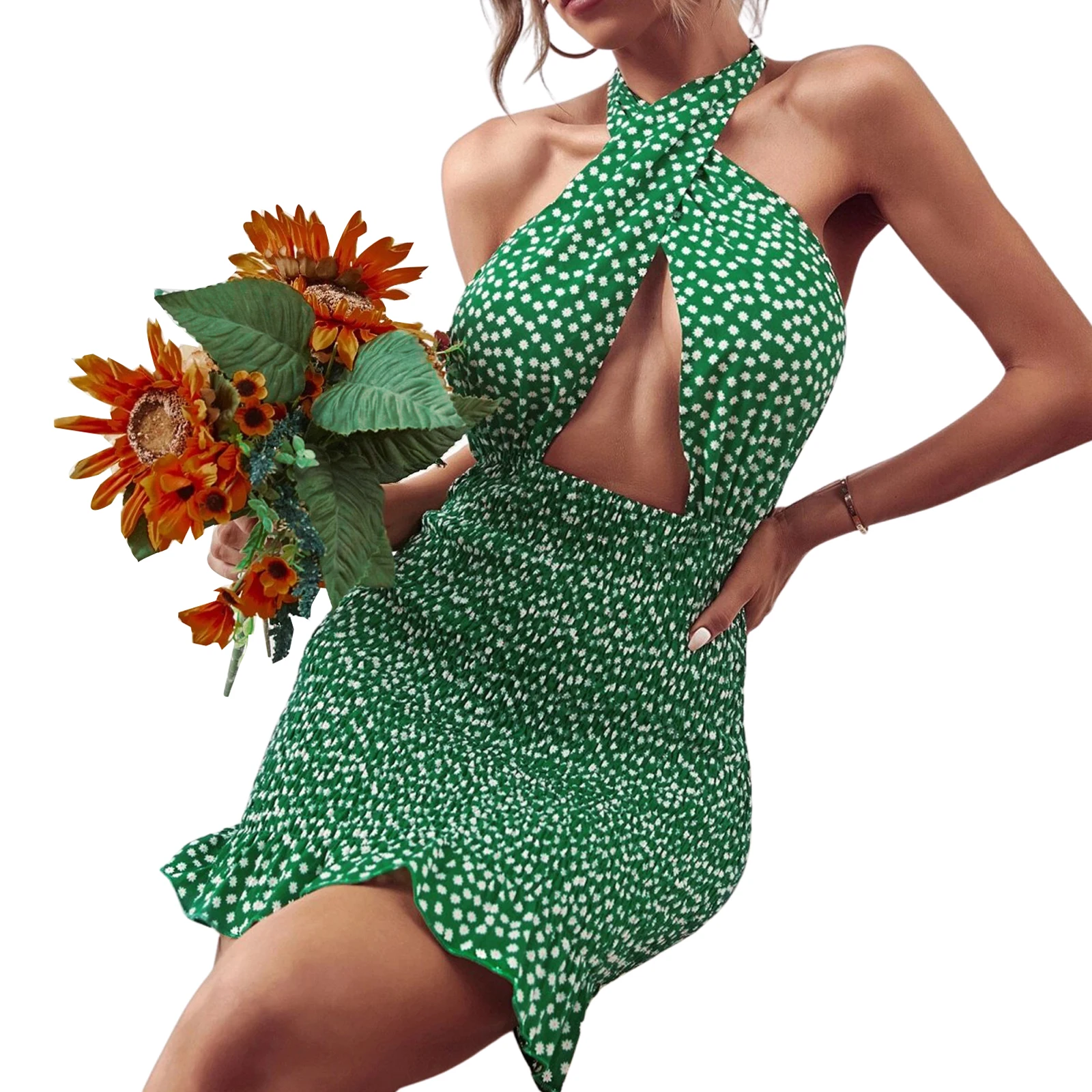 Y 2K Vrouwen Kriskras Halter Stropdas Backless Mini Jurk Zomer Bloemenprint Sexy Uitgesneden Korte Bodycon Jurk Voor Date