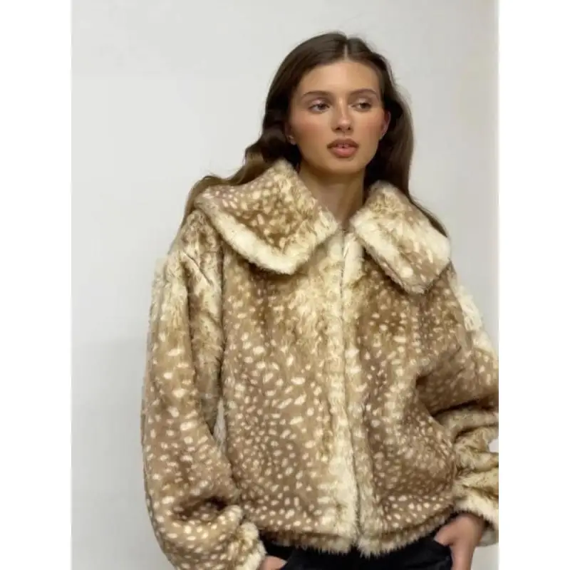 Women Bambi Deer Spotted Faux Fur Jacket Oversized Wide Lapel Cropped Plush Coat Winter Warm Fluffy Outerwear
