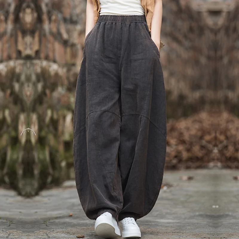 Elegante dames katoenen linnen baggy cargobroek vintage elastische taille yogabroek losse casual lange wijde pijpen oversized kleding