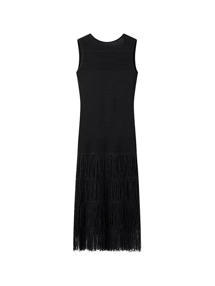 Women\'s Backless Zipper Fly Black Knitted Long Dresses, Summer Fashion, Elegant Under Tassel, Elastic Slim Sleeveless Dress