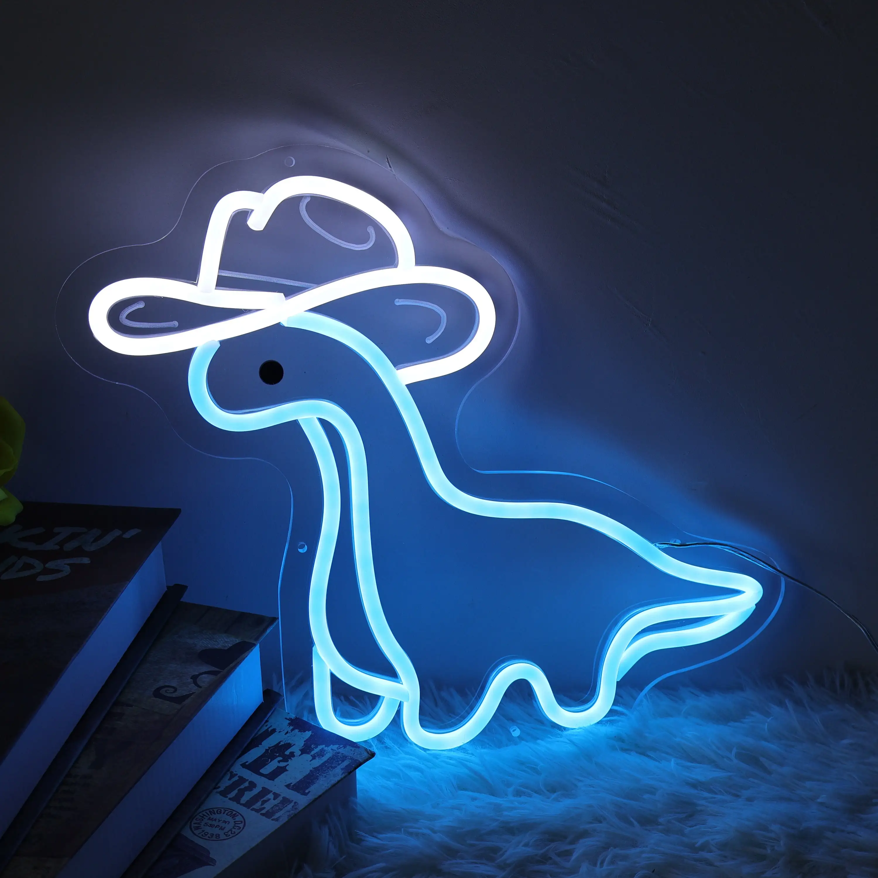 

Cowboy Neon Sign Animal Dinosaur Sign Wall Art Decor Anime Dinosaur Wearing Hat Sign Kids Bedroom Night Neon Kawaii Game Room