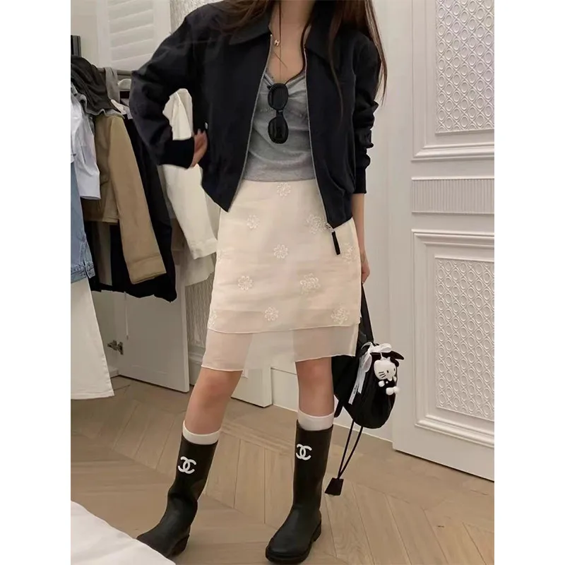 

Юбка миди А-силуэта с высокой талией, двухслойная, из шифона, с вышивкой объемными цветами, для женщин, лето 2025