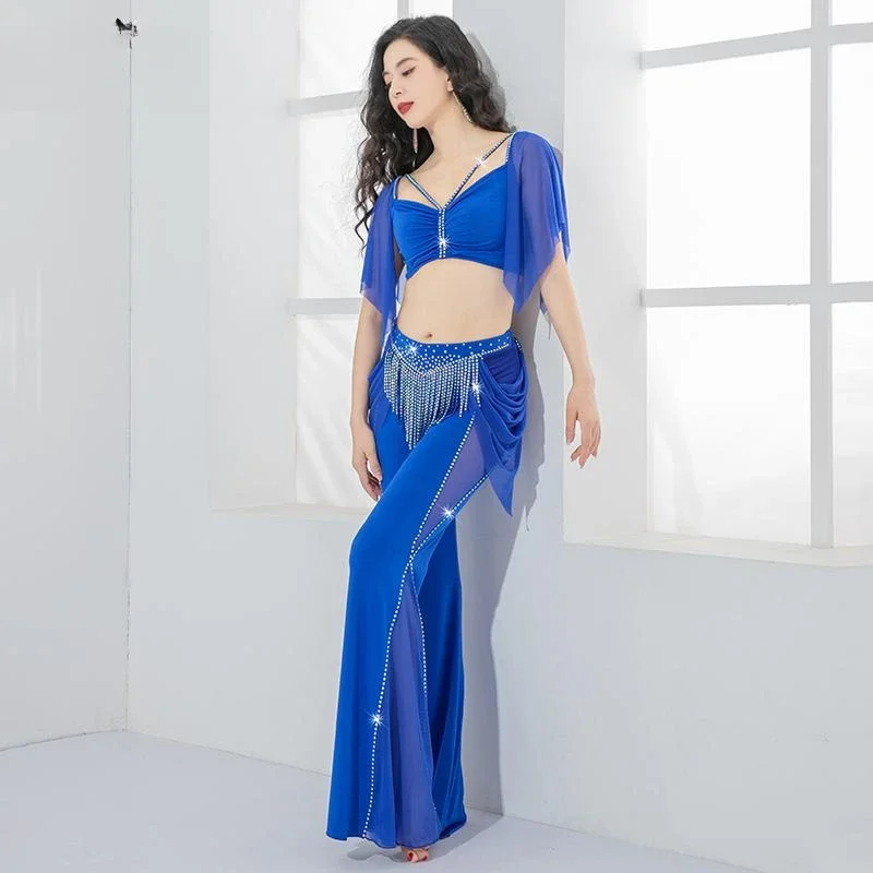 Conjunto de traje de danza del vientre para mujer, Top Sexy con cuello en V + pantalones con borlas de piedras AB, ropa de entrenamiento profesional de danza del vientre Oriental, 2 uds.