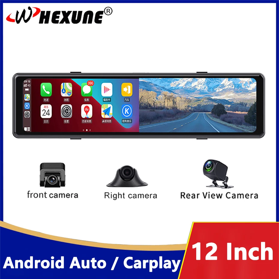 Carplay Dash Cam Rear View Mirror 3 In 1 Video Recorder 1080p 12 Inch Black Box Reverse 3 Camera WIFI Car Dvr Android Auto 1440P