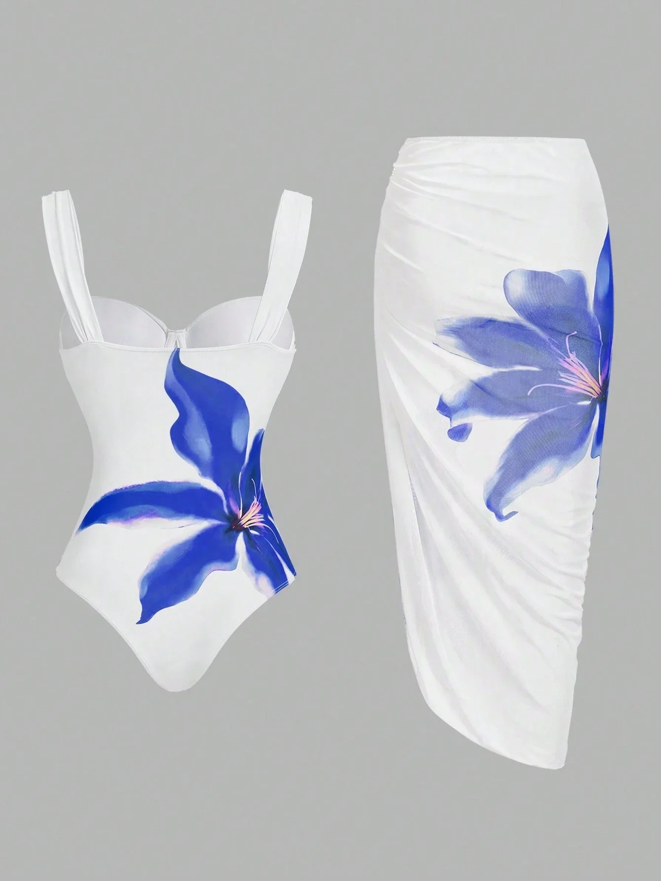 Women Floral Printed Spaghetti Strap One-Piece Swimsuit With Cover Up Skirt Beach Resort