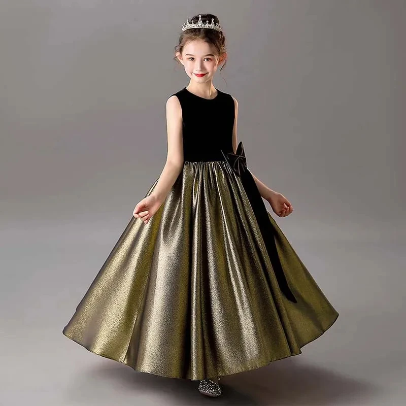 

YZYmanualroom Black and Gold Girl Dresses Wedding Bridesmaid Skirt Girls Pageant Gown Floor Length Prom Dresses I