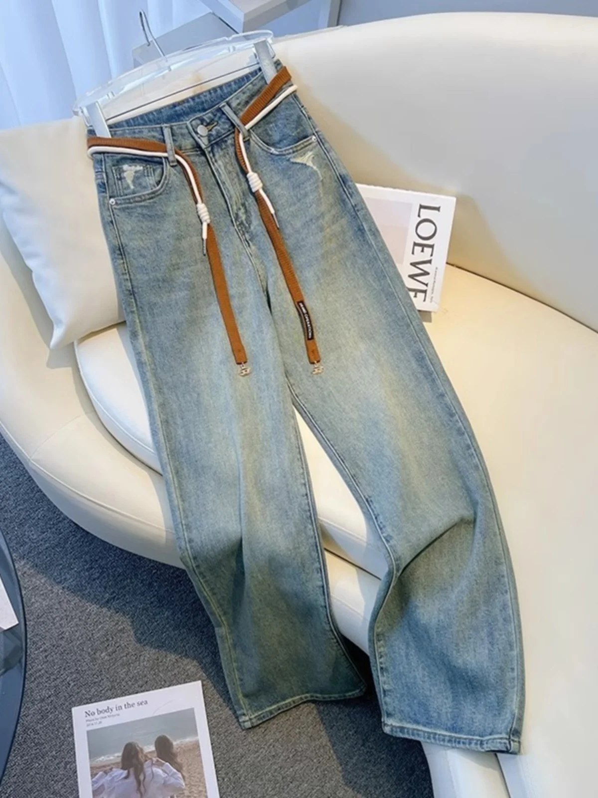 

Light Wa Wide Leg Denim Jeans Women's Early Autumn Sle 2025 New Trendy Drapey Hole Belted Straight Floor-Length Pants