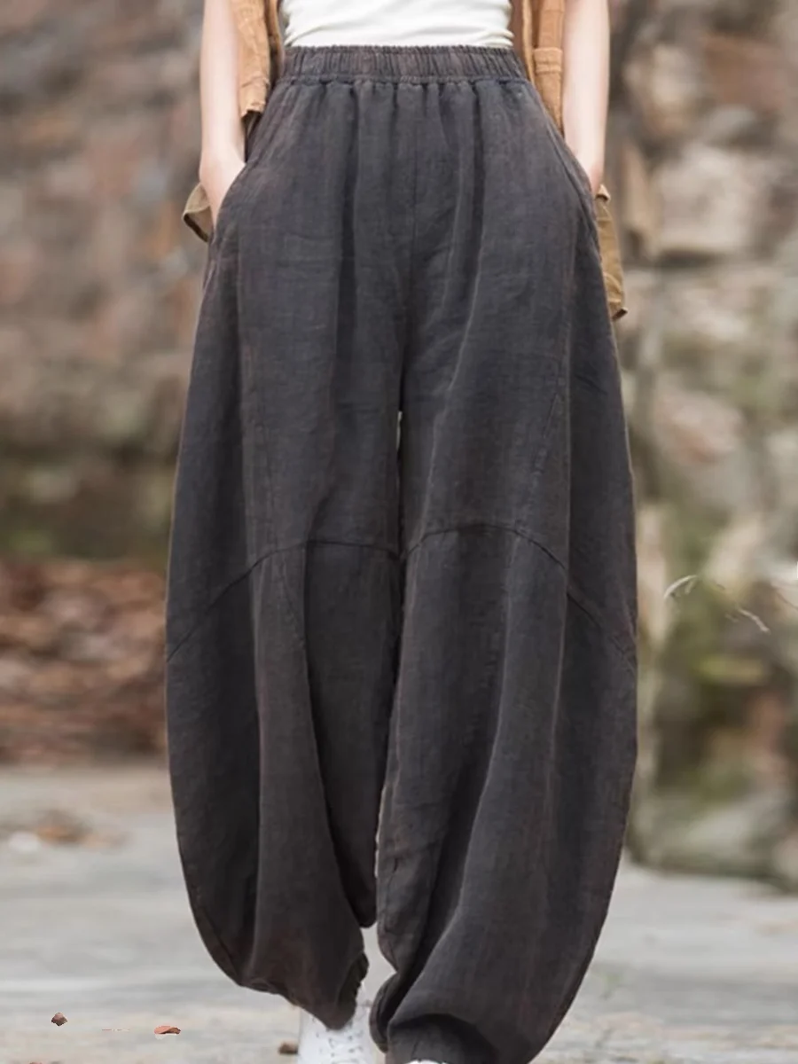 Pantalon lanterne drapé en coton et lin pour femmes, taille haute, Harlan, ample, Vintage, jambes larges, décontracté, printemps été