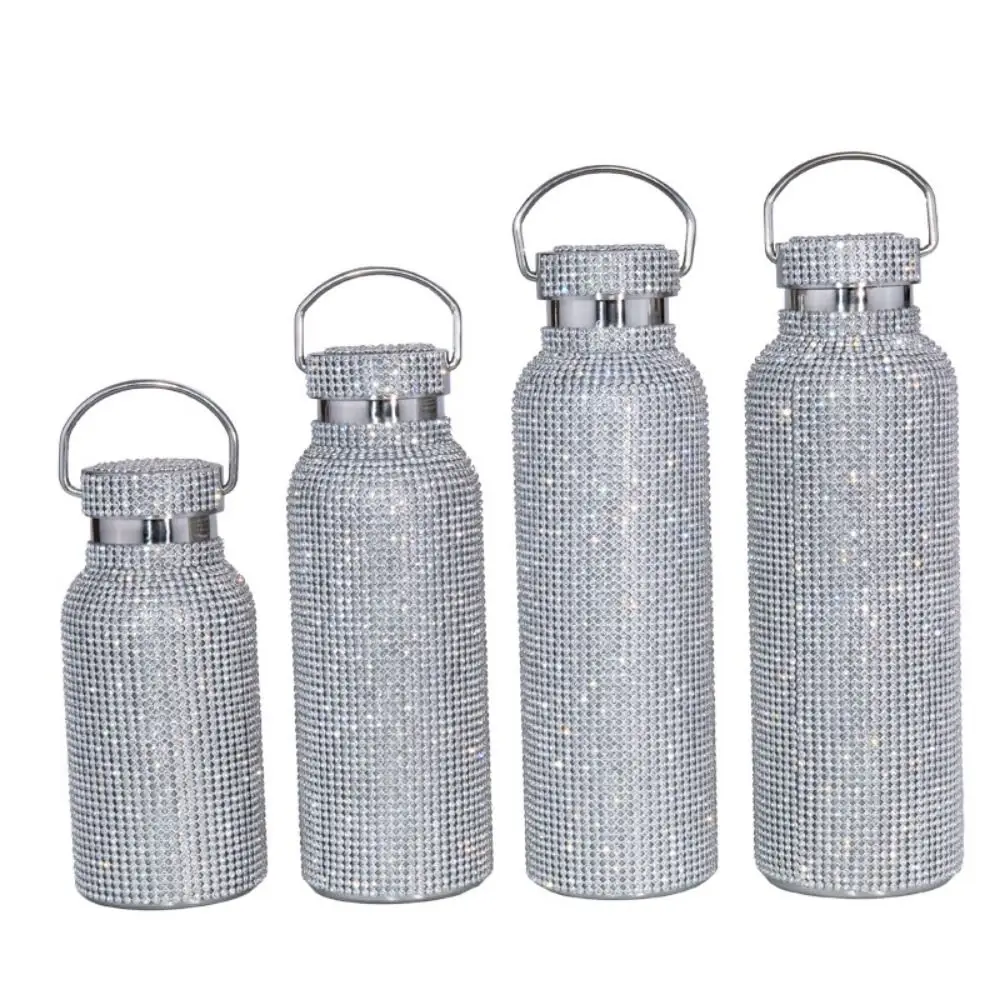 

Cute Thermal Rhinestone Water Bottle Chain Refillable Bling Cups Removable Carrying Strap Stainless Steel Vacuum Flask Gifts