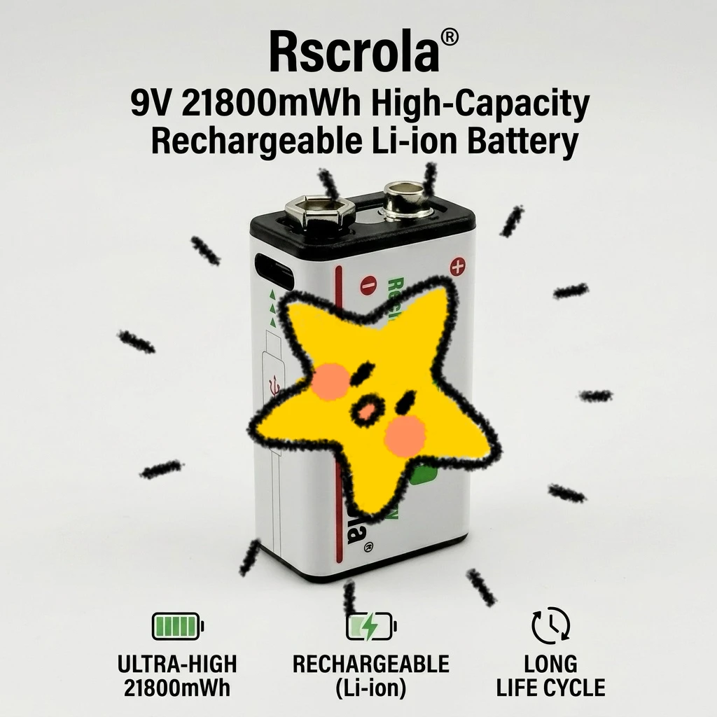 

Long-Lasting 9V Rechargeable Lithium-Ion Battery 21800mWh High Capacity with Cable for Guitar Microphone Smoke Detector Pedal