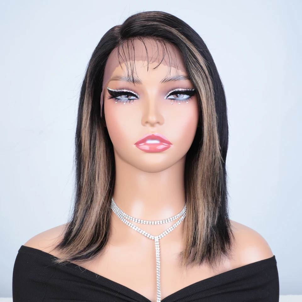 Sleek Black Dark Brazilian Straight Wigs Highlight Blond 27# 30# Remy Hair Wigs 13x6x1 C Lace Front Part Bob Wig For Black Women