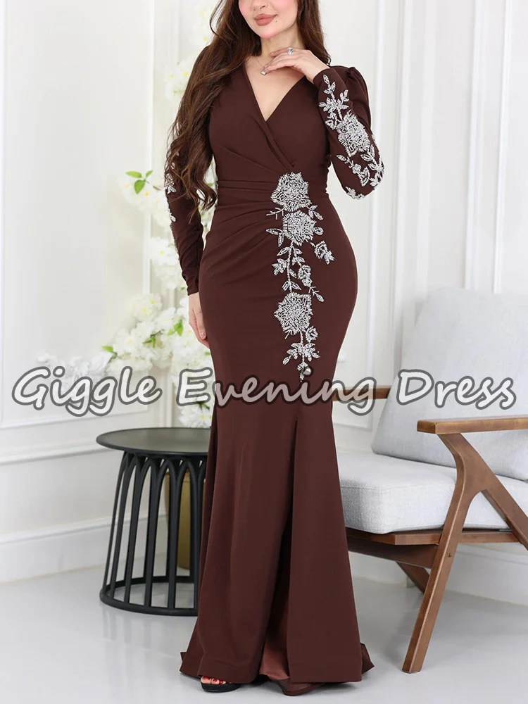 

Elegant Crepe Mermaid Evening Dresses Long Sleeve Pleated Floor Length Formal Party Dress فستان مناسبات سه