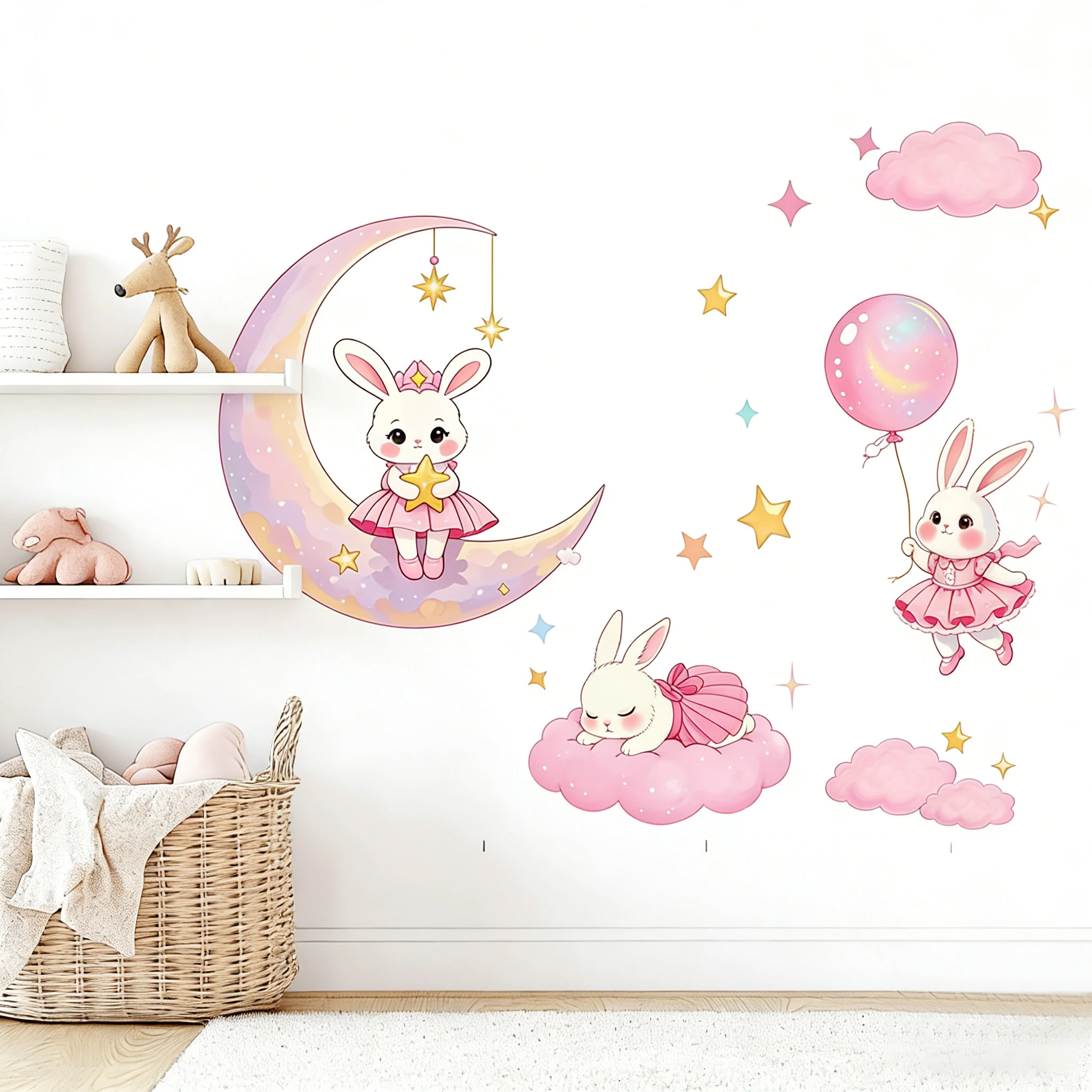 Rosa Schlafender Hase Mond Wandaufkleber für Kinderzimmer Schlafzimmer Wohnzimmer Dekoration Niedlicher Tier-Hintergrund Wanddeko