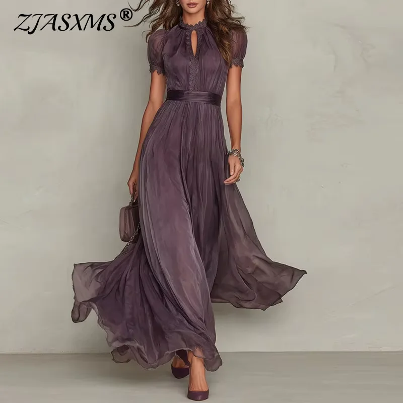 Frühlings-Vintage-Kleid mit Spitze, A-Linie, Lang, für Damen, O-Ausschnitt, Hohe Taille, Plissiert, Partykleid, Sommer, Kurzarm, Fließendes Maxikleid
