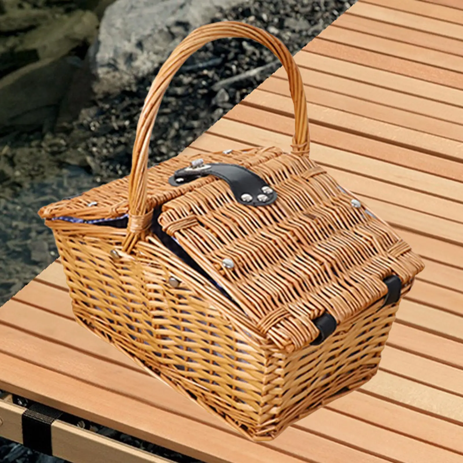 Wicker Picnic Basket Storage Basket Countryside Rustic Sturdy with Lid and Handle Woven Basket for Holiday Room