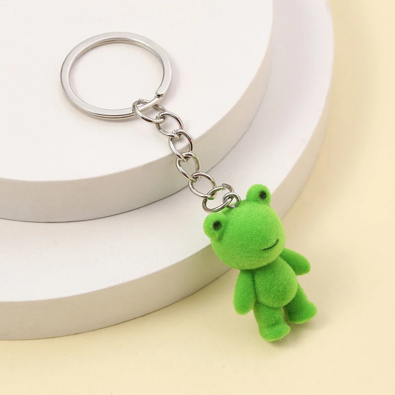 3D Flocking Frog Dog Cat Keychain Cute Flocked Little Frog Animals Keyring Bag Pendant Backpack Charms Car Decor Accessories