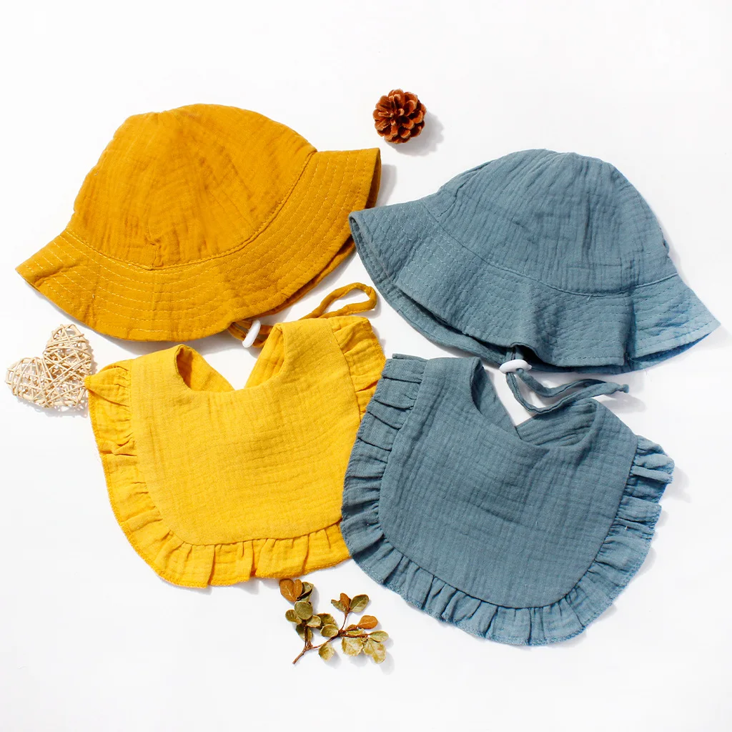 

2pcs Baby Fishing Hat Feeding Bibs Set Muslin Cotton Boys Girls Bucket Hat Kids Travel Outdoor Beach Caps Infant Panama Cap