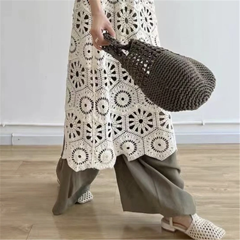 REALEFT Summer Vintage Lace chromet abiti lunghi da donna 2024 New senza maniche scava fuori abiti senza spalline da spiaggia con scollo a v