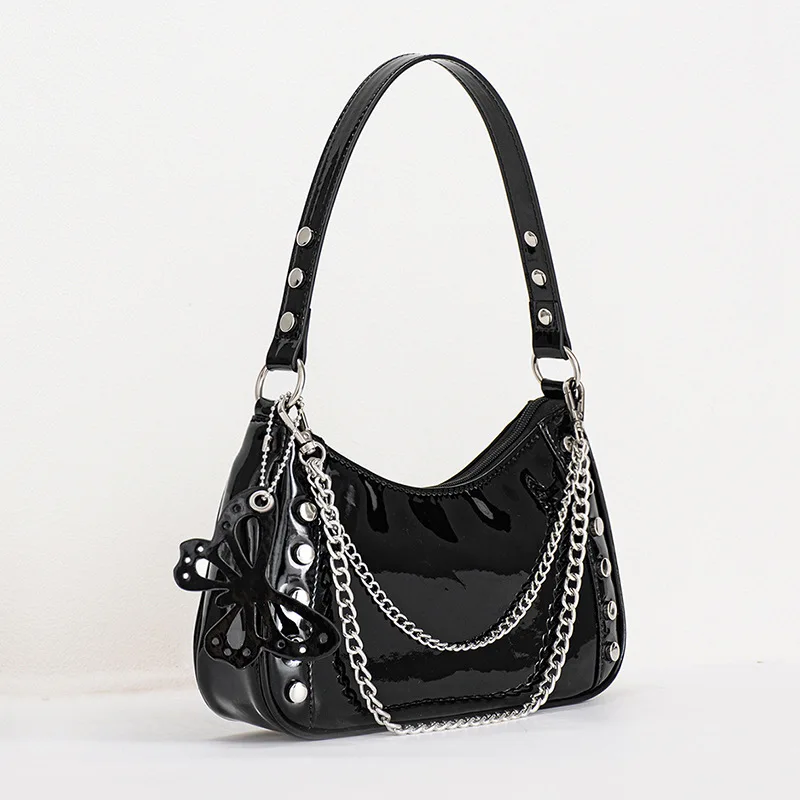 Classic Simple Women Black Patent Leather Metal Chain Butterfly Accessory Shoulder Underarm Bag Street Punk Style Rivet Handbag