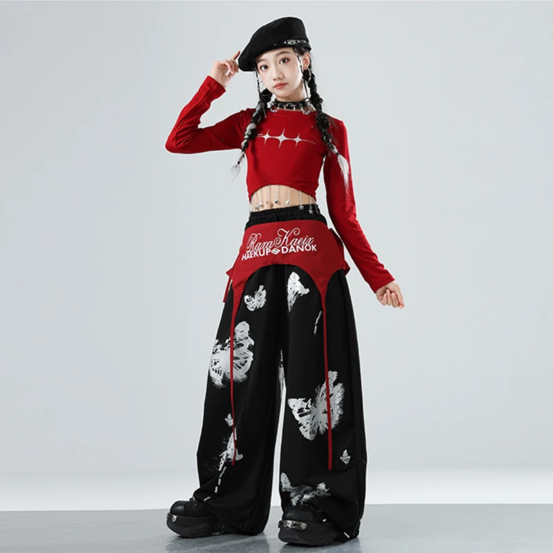 Meninas jazz hip hop roupas de dança vermelho nacel topos baggy sweatpants roupas prática salão mangas compridas rua danewear bl17135