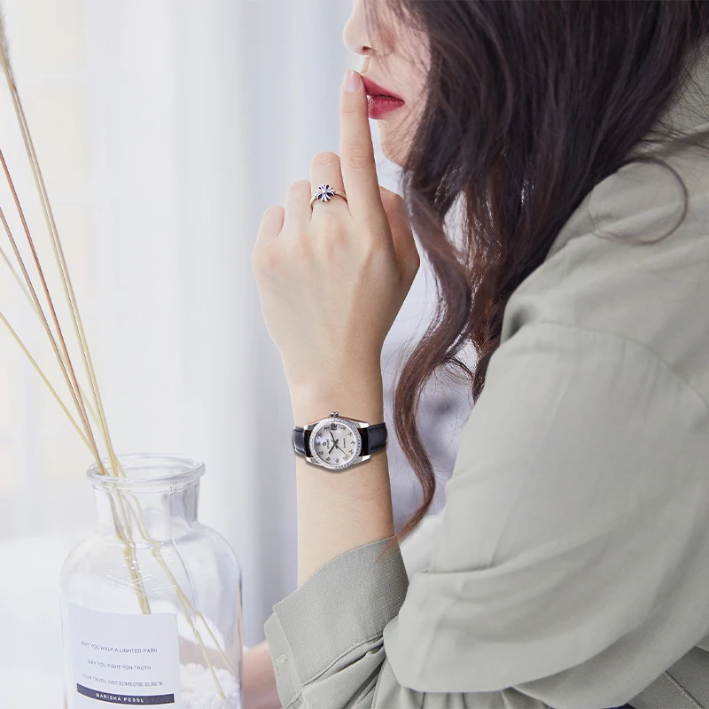 

【START】Женские часы Жемчужный циферблат в виде ракушки Модные повседневные автоматические механические часы Водонепроницаемые кожаные часы с функцией даты