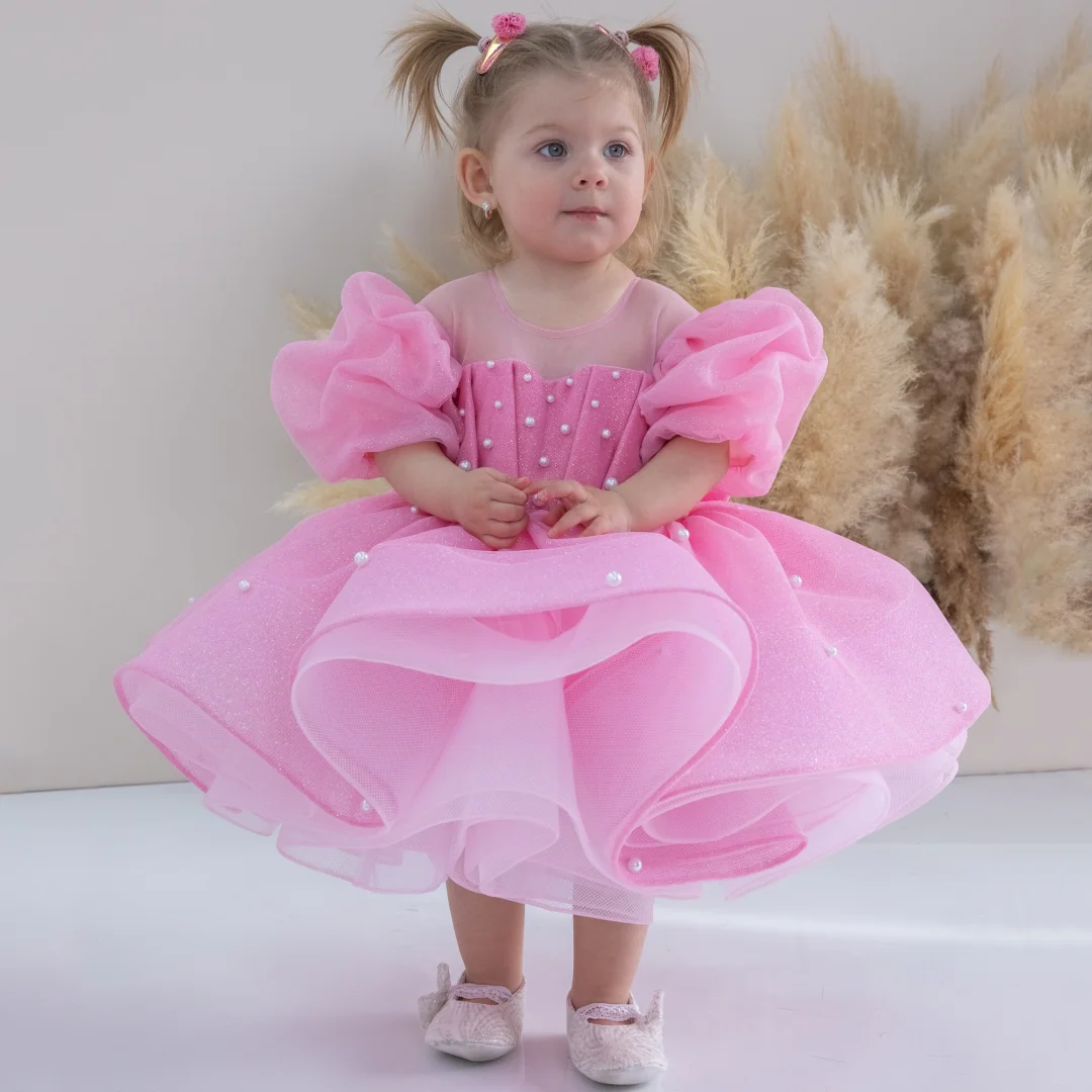 

Customized Pink Flower Girl Dress Puffy Pearls With Bow Short Sleeve For Wedding Birthday Party Banquet Holy Communion Gowns