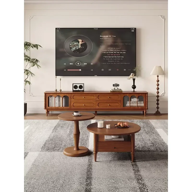 Solid Wood Coffee Table TV Cabinet Sideboard Combo Mid Century Antique Style High Leg Storage Unit for Small Apartment Living
