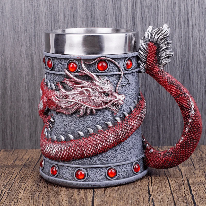 3D Relief Beer Mug Medieval Fantasy Resin & Stainless Steel Coffee Cup Gothic Drinkware for Bar Home Decor & Fantasy Lovers