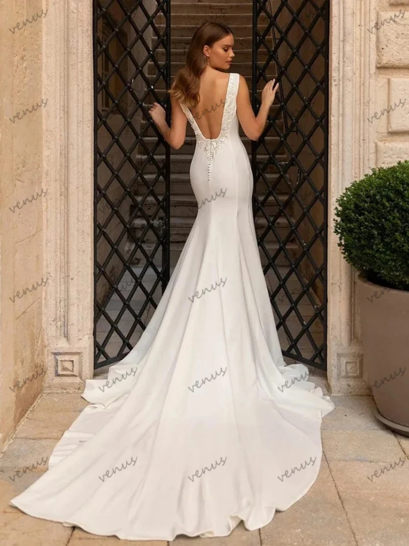 Abiti da sposa semplici abiti da sposa graziosi guaina in raso sirena senza maniche Backless affascinanti abiti eleganti Vestidos De Novia