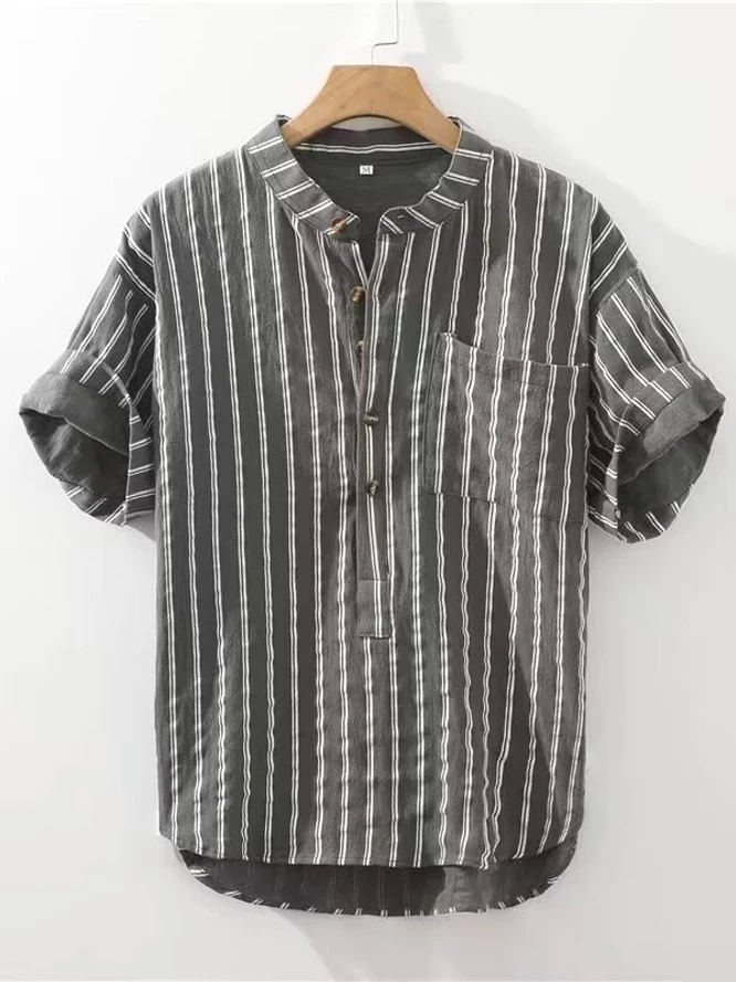 

Premium Cotton Linen Stripe Pocket Short Sleeve Shirt Men's Workwear Style Breathable Casual Fashion Spring Autumn Shirt