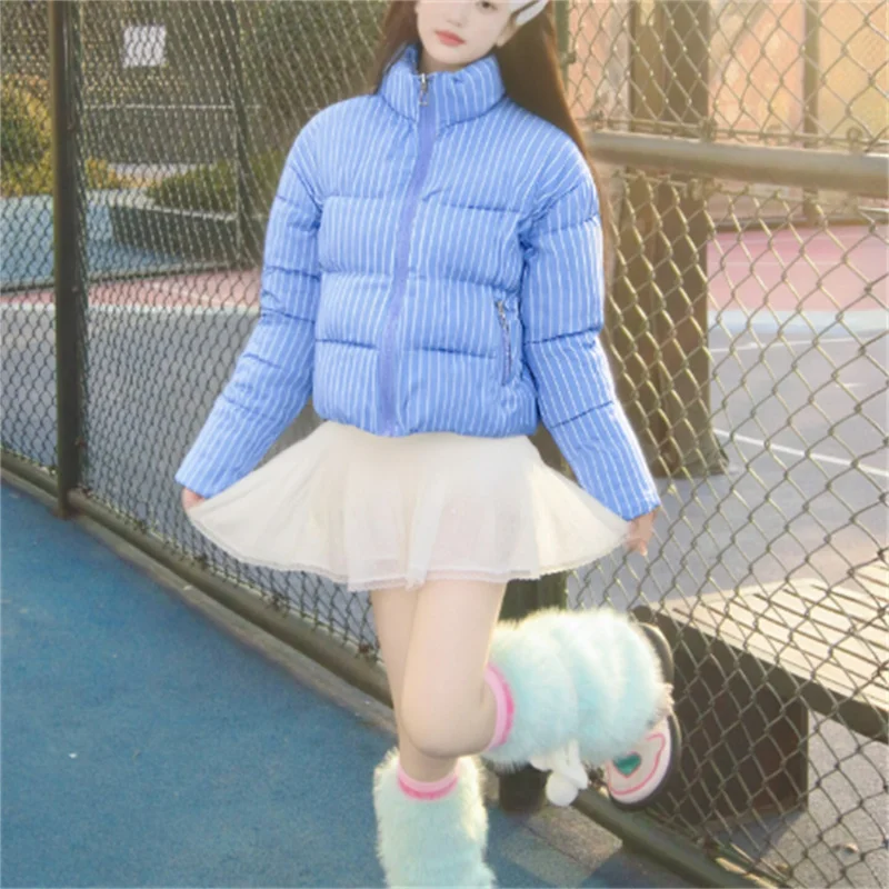 2025 Fall Fashion Trendy Sexy Women's Blue and White Striped Long-Sleeved Cotton Jacket