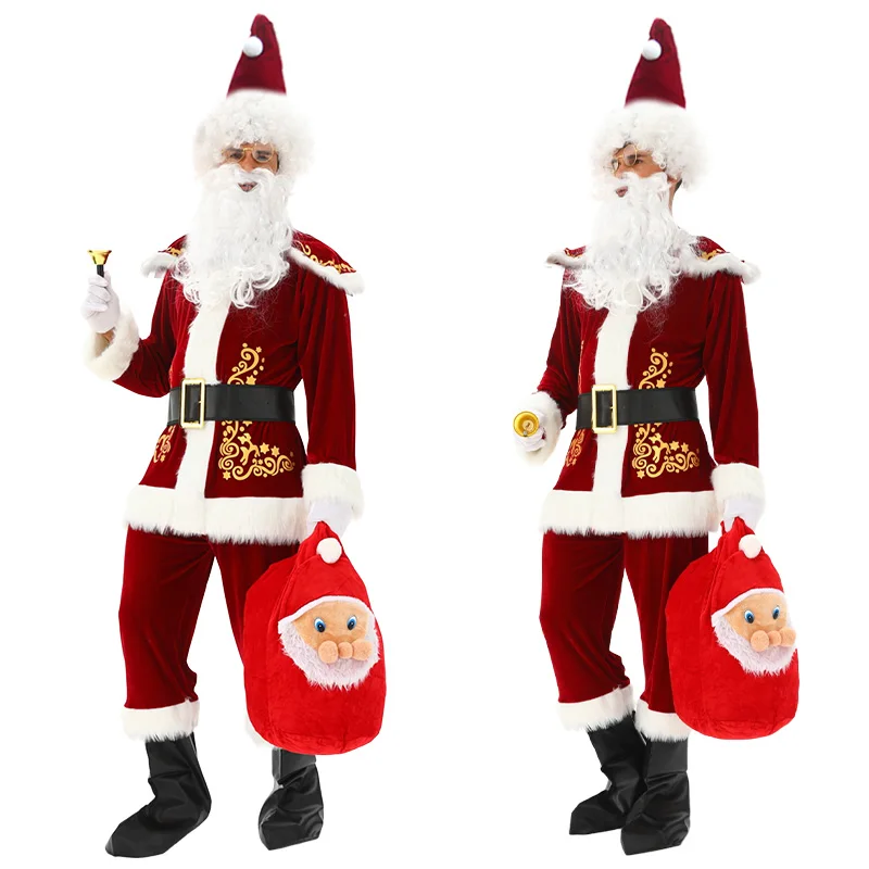 Erwachsene Weihnachten Weihnachtsmann Cosplay Kostüm Herren Luxuriöses langes Plüsch-Goldsamt-Set Rote Geschenktüte Set mit 10-teiligem Set