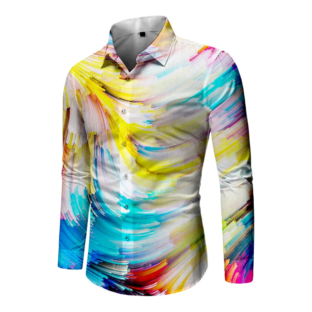 

Модная мужская облегающая повседневная летняя рубашка с объемным принтом и разноцветным дизайном, удобная рубашка с длинными рукавами и пуговицами