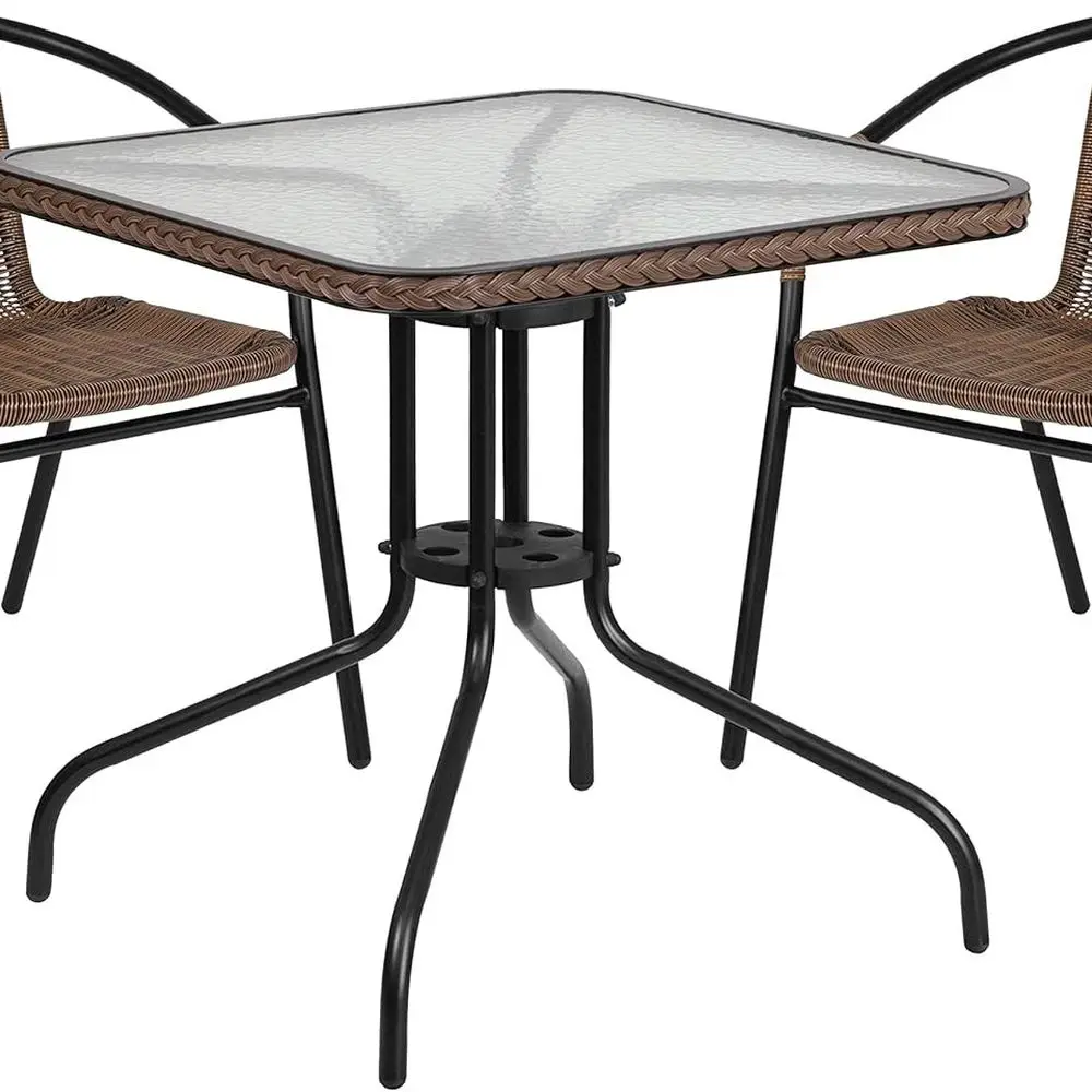 

28 Square Outdoor Patio Table Set with Glass Metal Bistro and 2 Stackable Rattan Chairs, Brown